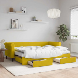 Sofa rozsuwana z szufladami, żółta, 80x200 cm, aksamit