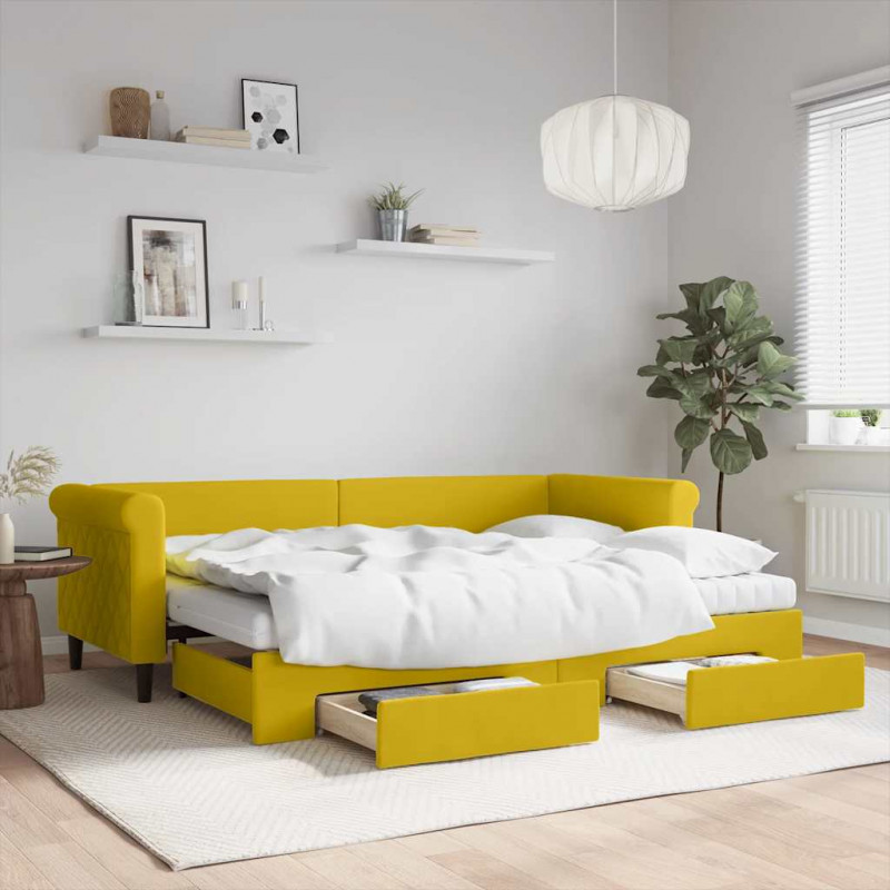 Sofa rozsuwana z szufladami, żółta, 80x200 cm, aksamit
