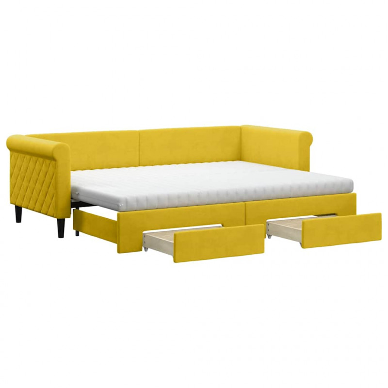Sofa rozsuwana z szufladami, żółta, 80x200 cm, aksamit