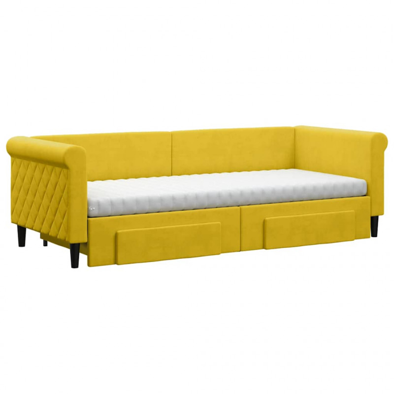 Sofa rozsuwana z szufladami, żółta, 80x200 cm, aksamit
