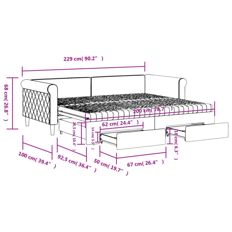 Sofa rozsuwana z szufladami, ciemnoszara, 90x200 cm, aksamit