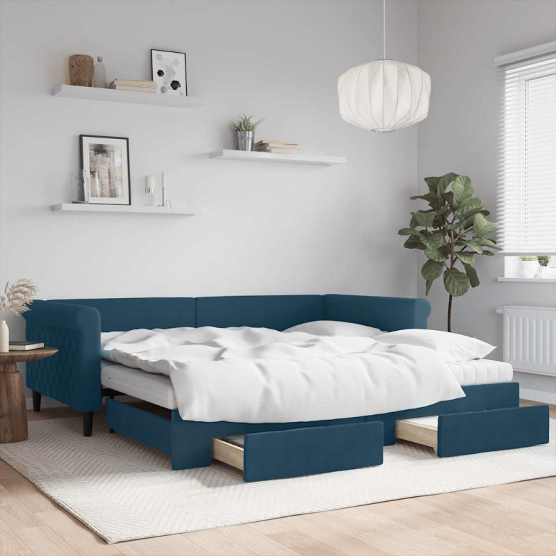 Sofa rozsuwana z szufladami, niebieska, 100x200 cm, aksamit