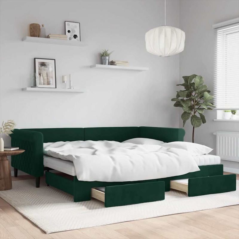 Sofa rozsuwana z szufladami, ciemnozielona, 100x200 cm, aksamit