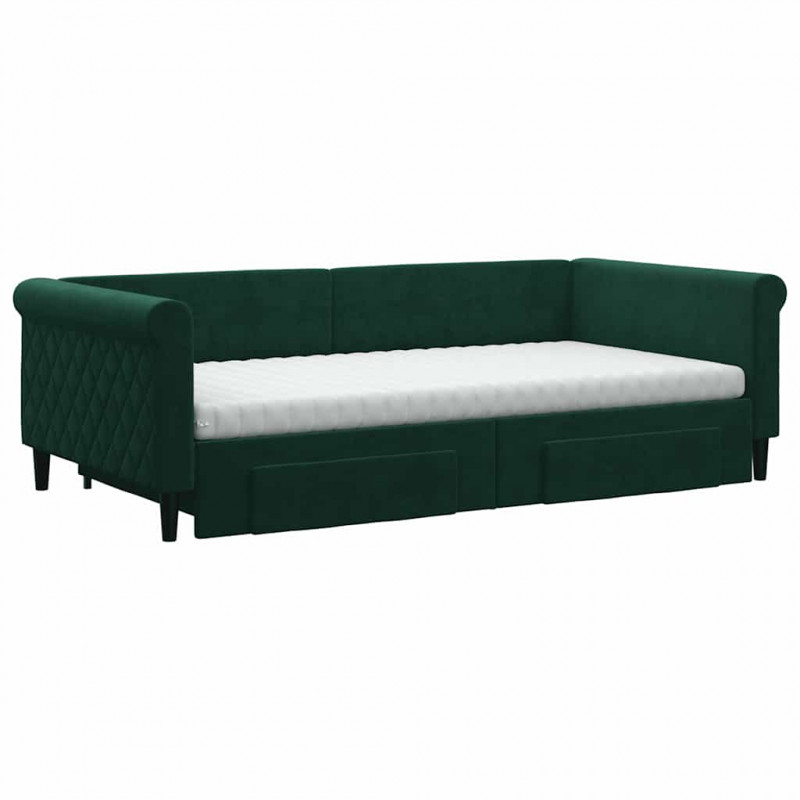 Sofa rozsuwana z szufladami, ciemnozielona, 100x200 cm, aksamit