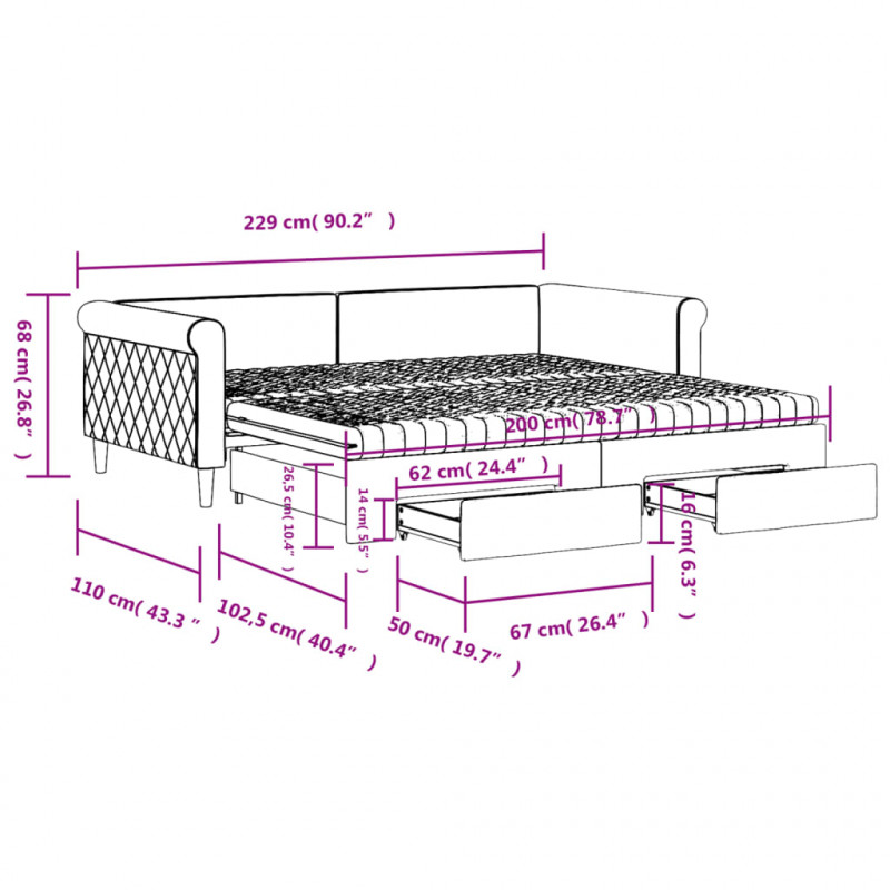 Sofa rozsuwana z szufladami, czarna, 100x200 cm, aksamit