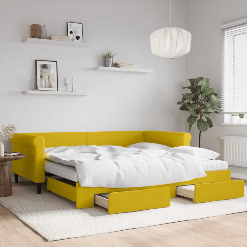 Sofa rozsuwana z szufladami, żółta, 100x200 cm, aksamit