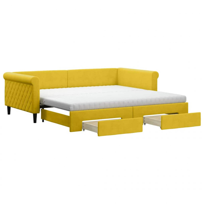 Sofa rozsuwana z szufladami, żółta, 100x200 cm, aksamit
