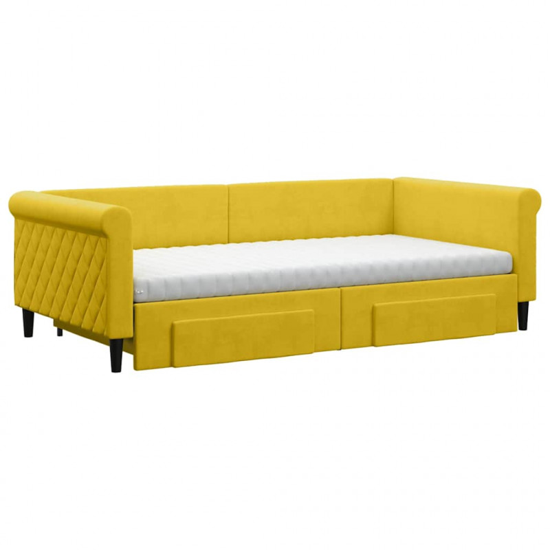 Sofa rozsuwana z szufladami, żółta, 100x200 cm, aksamit