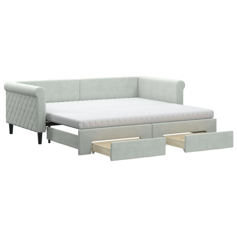 Sofa rozsuwana z szufladami, jasnoszara, 90x190 cm, aksamit