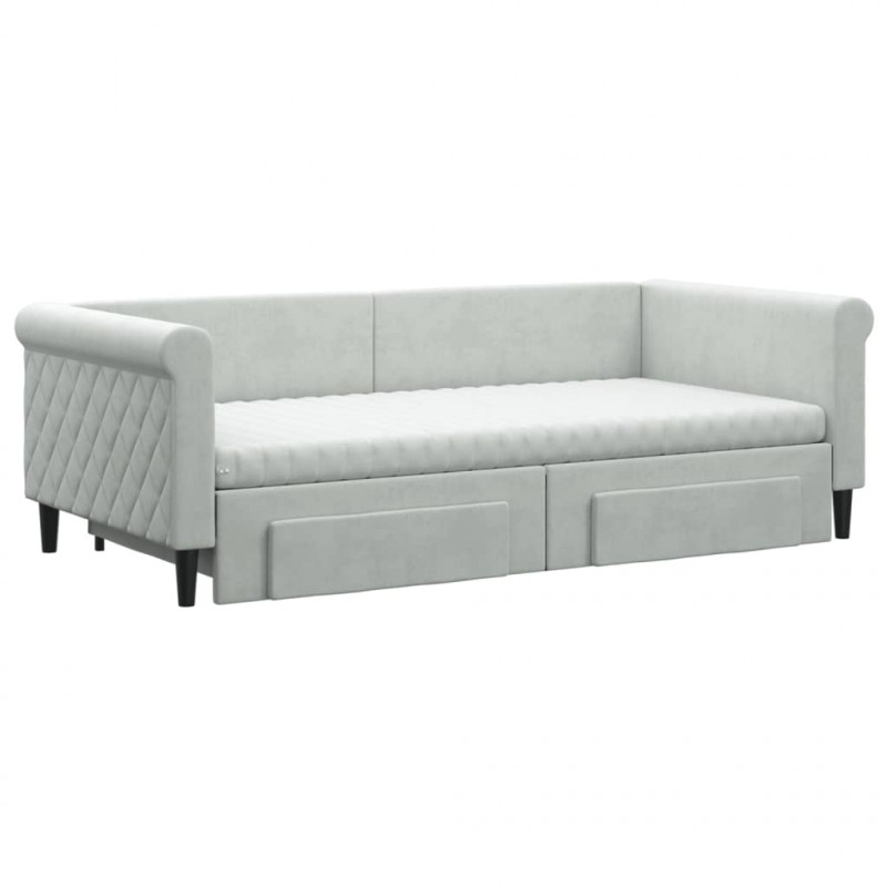 Sofa rozsuwana z szufladami, jasnoszara, 90x190 cm, aksamit