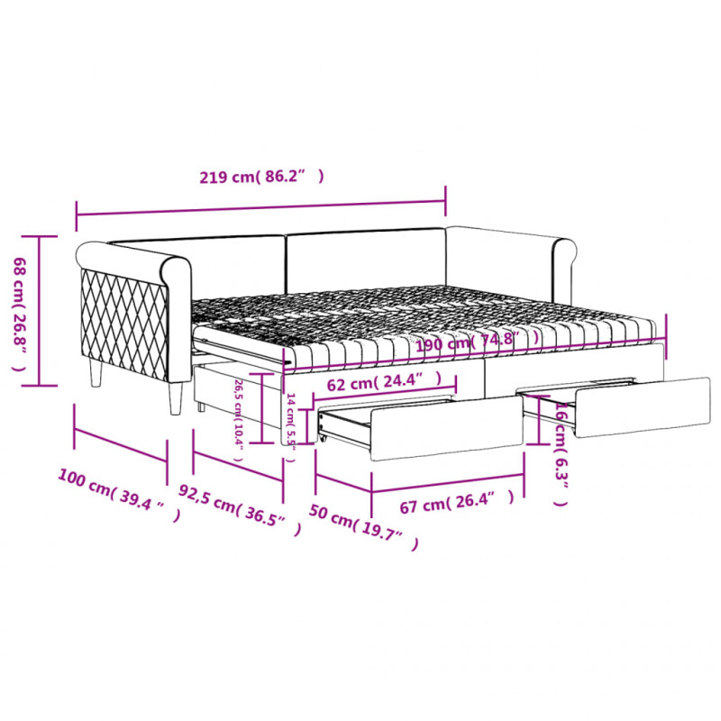 Sofa rozsuwana z szufladami, jasnoszara, 90x190 cm, aksamit