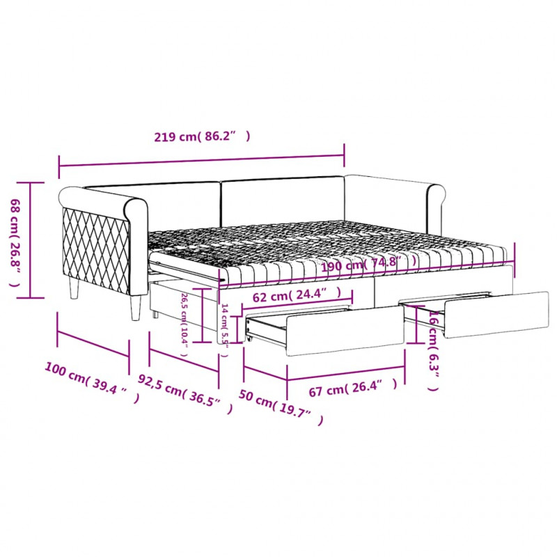 Sofa rozsuwana z szufladami, ciemnoszara, 90x190 cm, aksamit