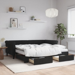 Sofa rozsuwana z szufladami, czarna, 90x190 cm, aksamit