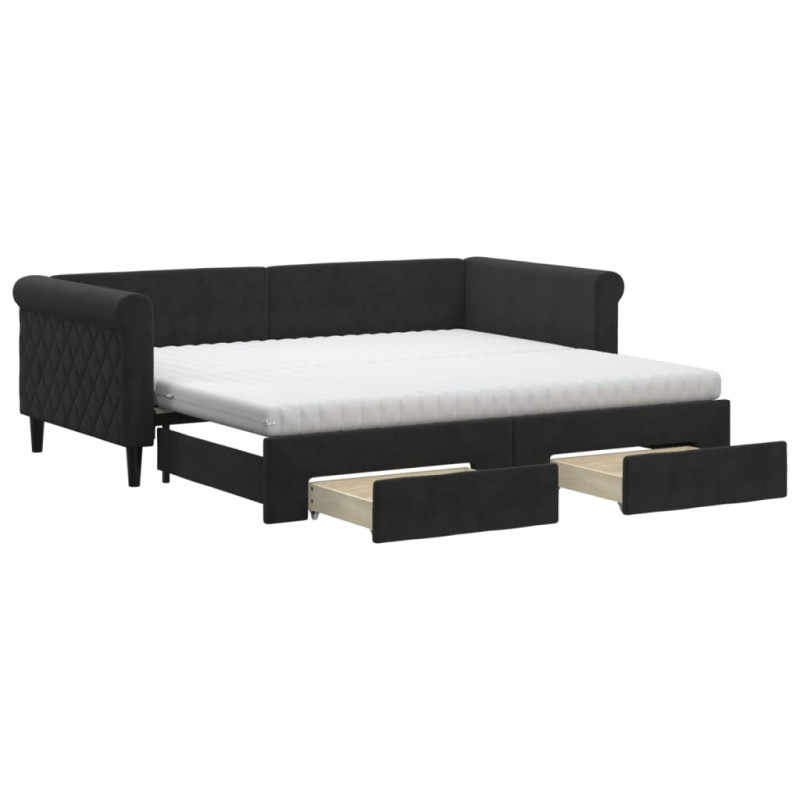 Sofa rozsuwana z szufladami, czarna, 90x190 cm, aksamit