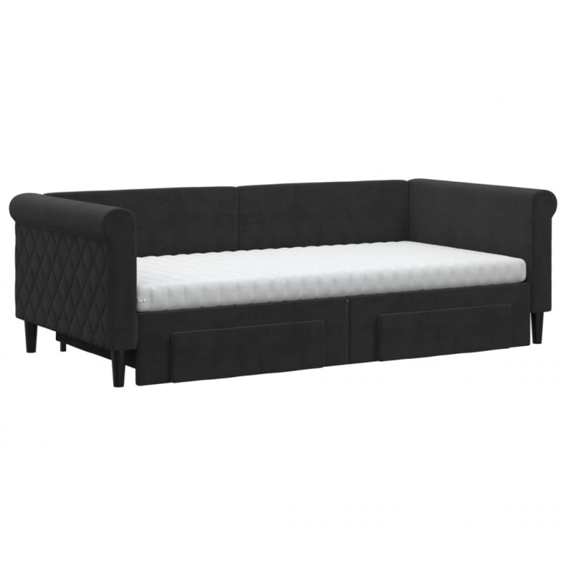 Sofa rozsuwana z szufladami, czarna, 90x190 cm, aksamit