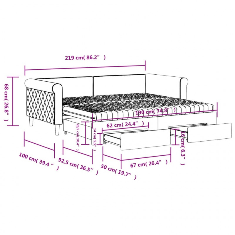Sofa rozsuwana z szufladami, czarna, 90x190 cm, aksamit
