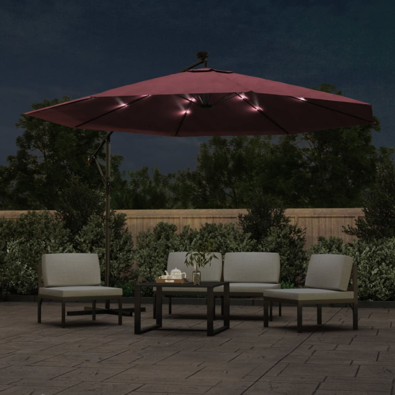 Parasol ogrodowy z LED, wiszący, bordowy, 350 cm