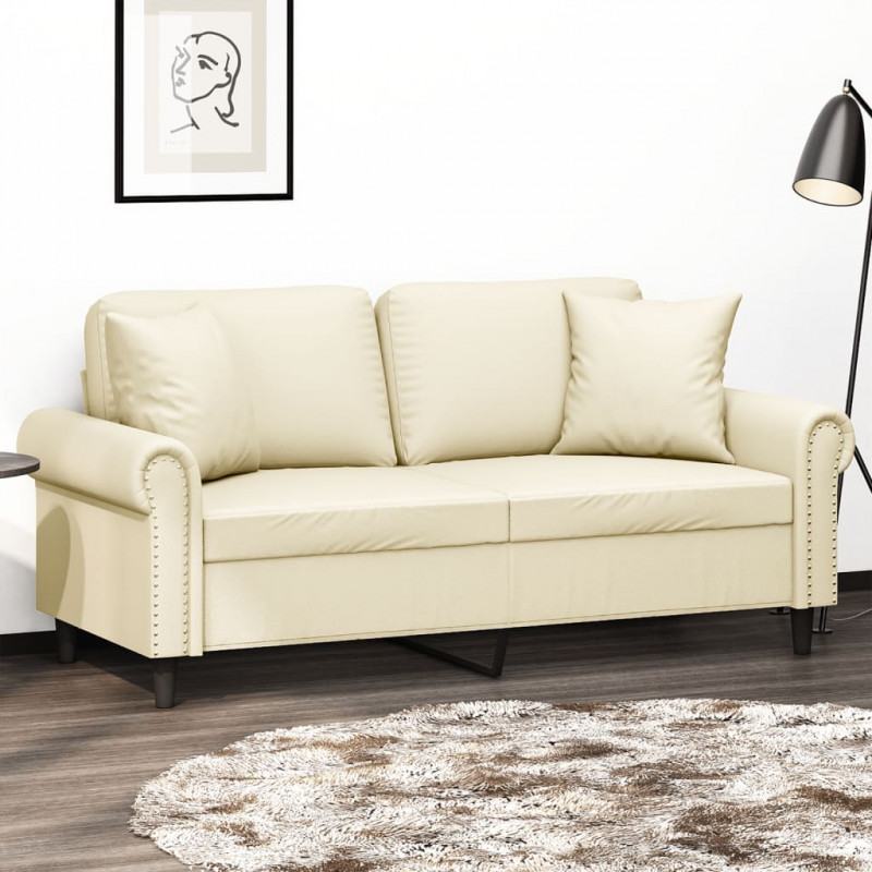 2-osobowa sofa z poduszkami, kremowa, 140 cm, sztuczna skóra
