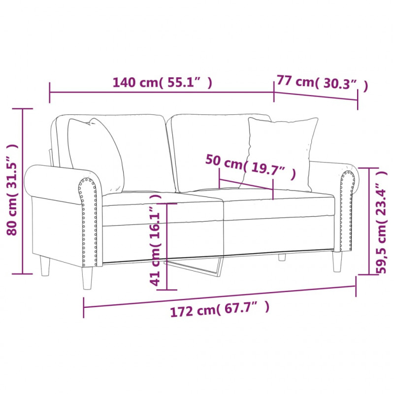 2-osobowa sofa z poduszkami, różowa, 140 cm, aksamit