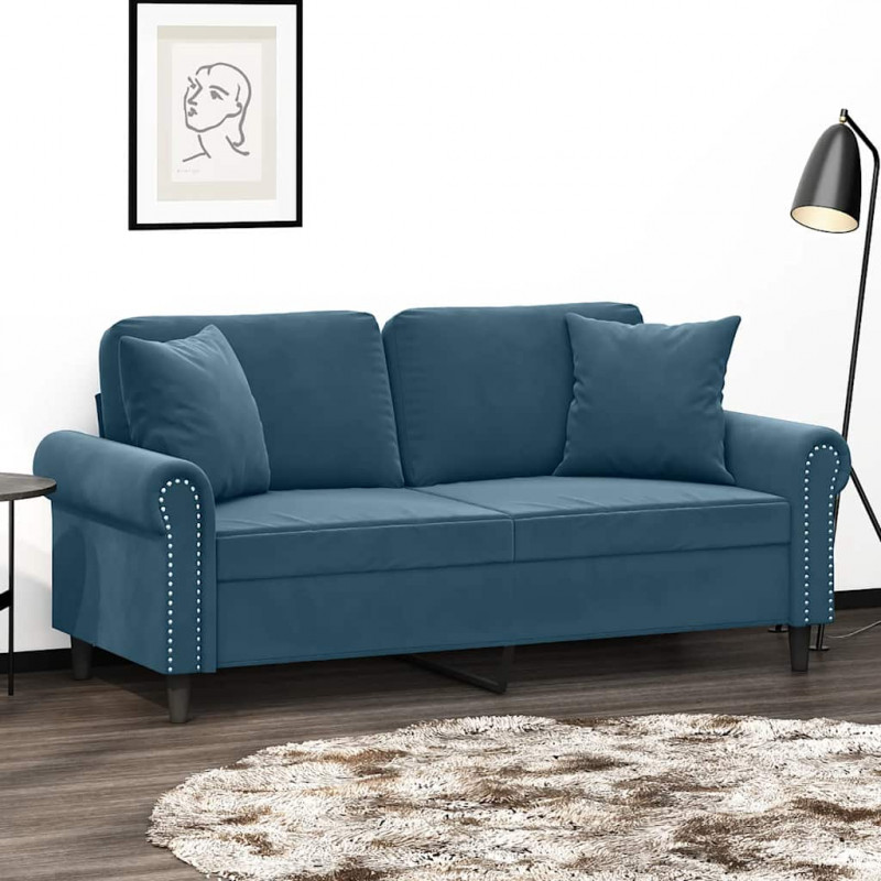 2-osobowa sofa z poduszkami, niebieska, 140 cm, aksamit