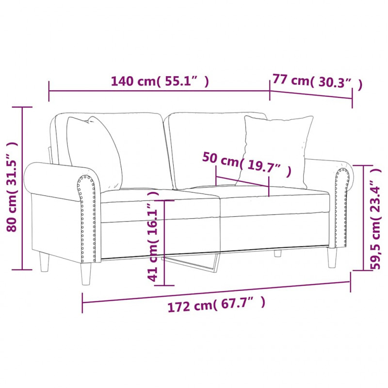 2-osobowa sofa z poduszkami, niebieska, 140 cm, aksamit