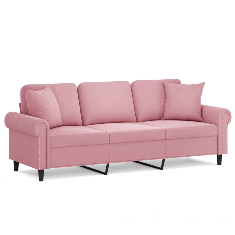 3-osobowa sofa z poduszkami, różowa, 180 cm, aksamit