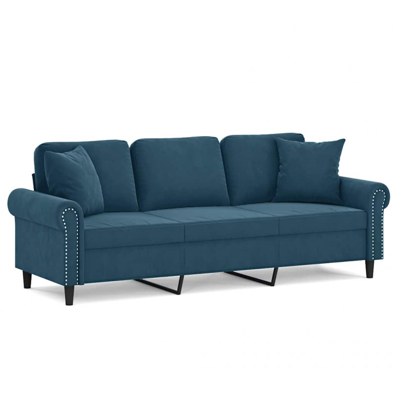 3-osobowa sofa z poduszkami, niebieska, 180 cm, aksamit