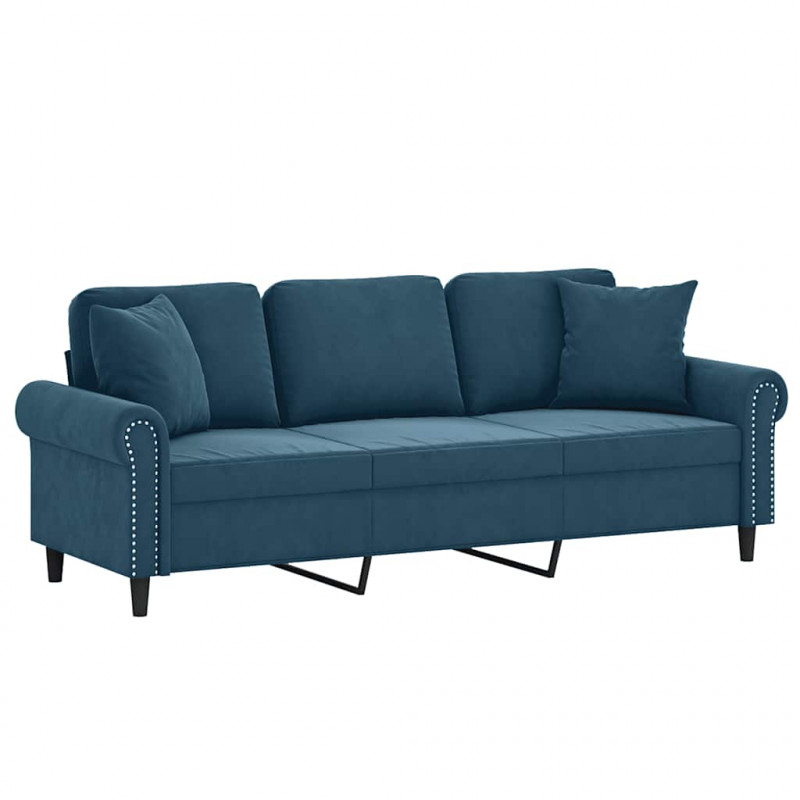 3-osobowa sofa z poduszkami, niebieska, 180 cm, aksamit