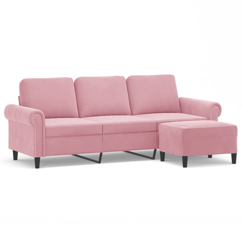 3-osobowa sofa z podnóżkiem, różowa, 180 cm, aksamitem