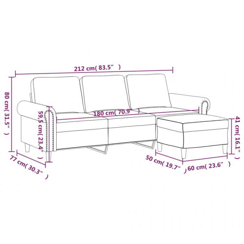3-osobowa sofa z podnóżkiem, różowa, 180 cm, aksamitem