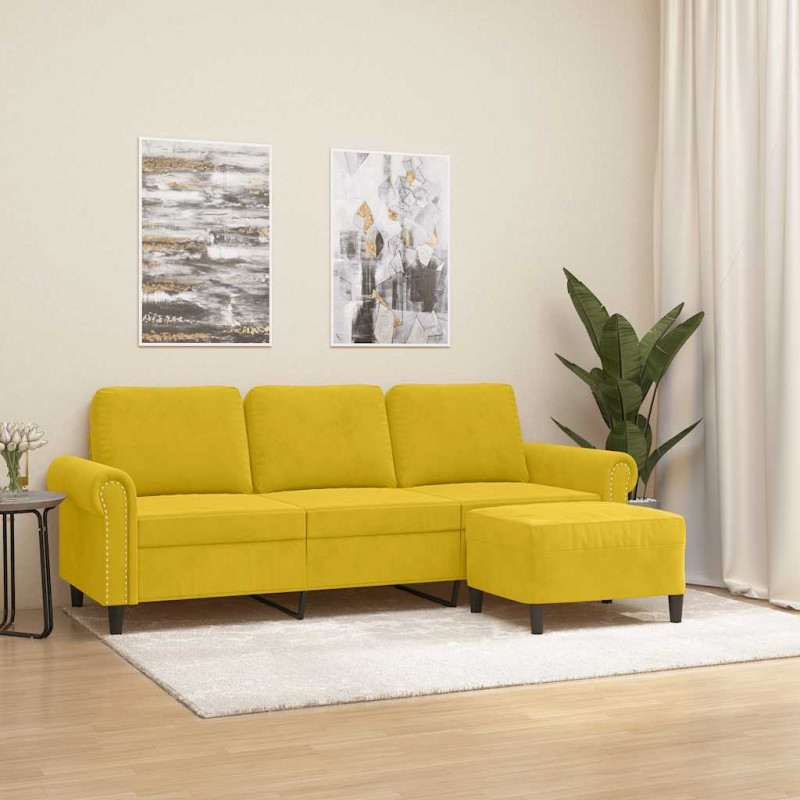 3-osobowa sofa z podnóżkiem, żółta, 180 cm, aksamit