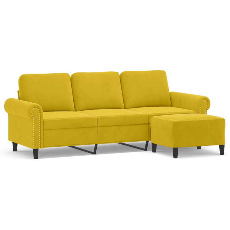 3-osobowa sofa z podnóżkiem, żółta, 180 cm, aksamit