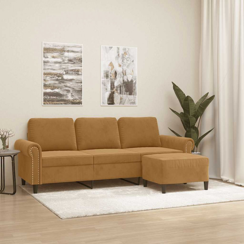 3-osobowa sofa z podnóżkiem, brązowy, 180 cm, aksamit
