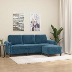 3-osobowa sofa z podnóżkiem, niebieska, 180 cm, aksamit