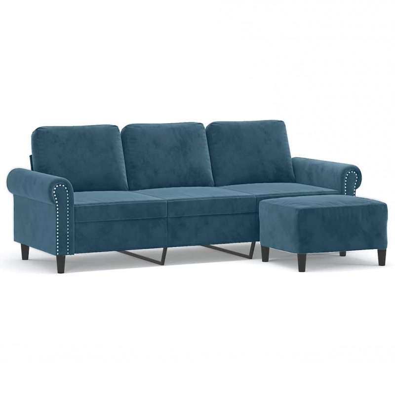 3-osobowa sofa z podnóżkiem, niebieska, 180 cm, aksamit