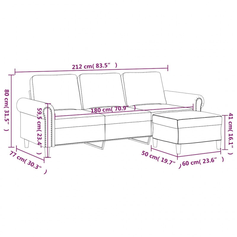 3-osobowa sofa z podnóżkiem, niebieska, 180 cm, aksamit