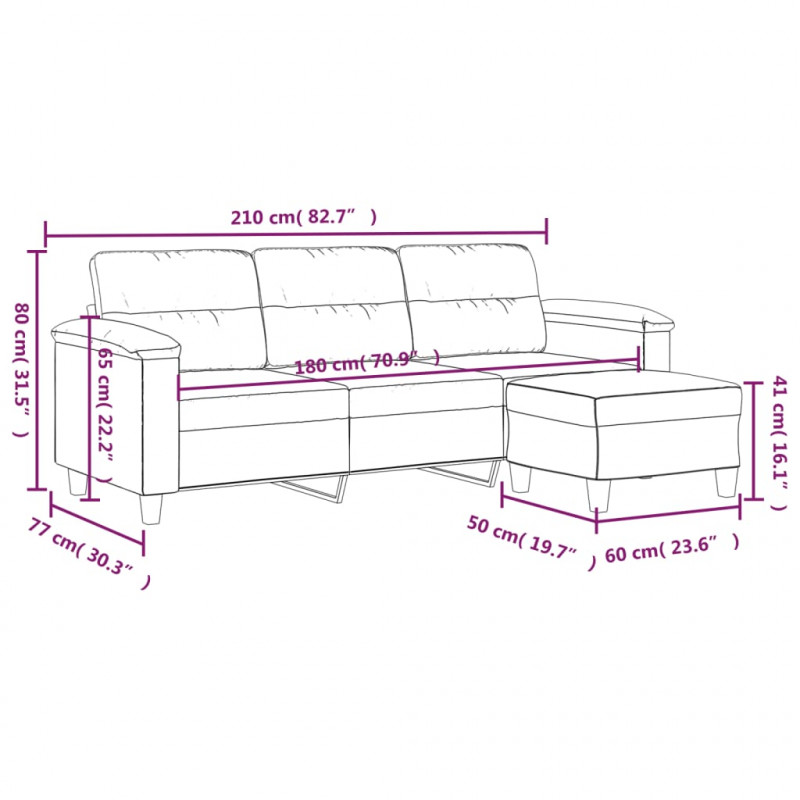 3-os. sofa z podnóżkiem, taupe, 180 cm, obita mikrofibrą