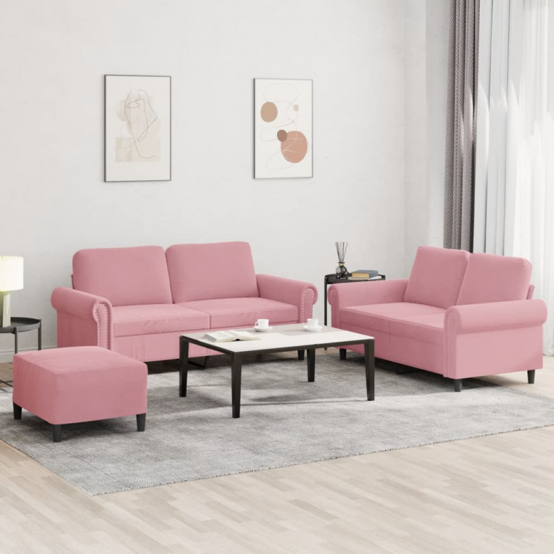 3-częściowy komplet wypoczynkowy, obity aksamitem, różowy