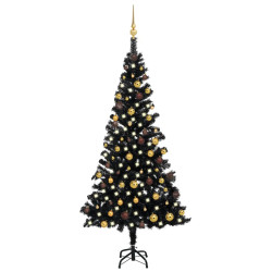 Sztuczna choinka z lampkami i bombkami, czarna, 180 cm, PVC