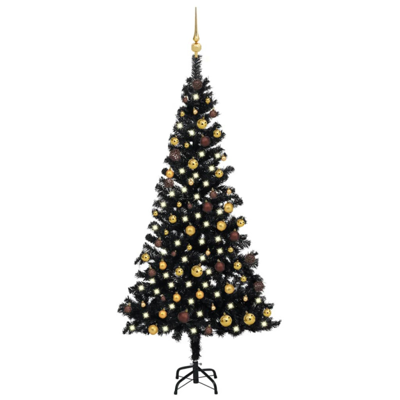 Sztuczna choinka z lampkami i bombkami, czarna, 180 cm, PVC