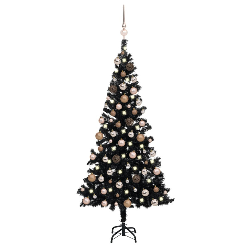Sztuczna choinka z lampkami i bombkami, czarna, 180 cm, PVC