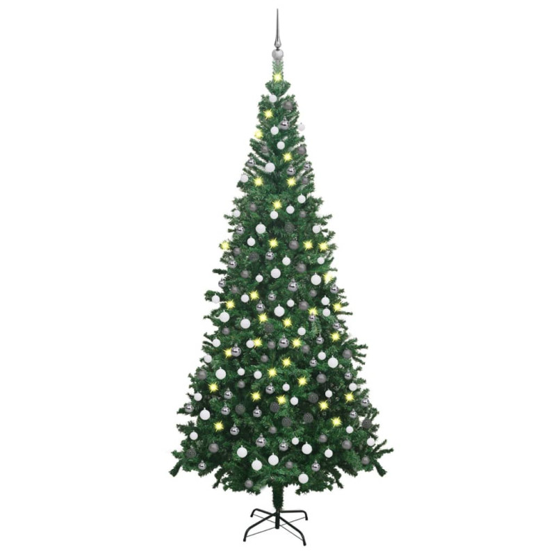 Sztuczna choinka z lampkami i bombkami, L, 240 cm, zielona