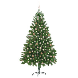 Sztuczna choinka z lampkami i bombkami, 210 cm, zielona