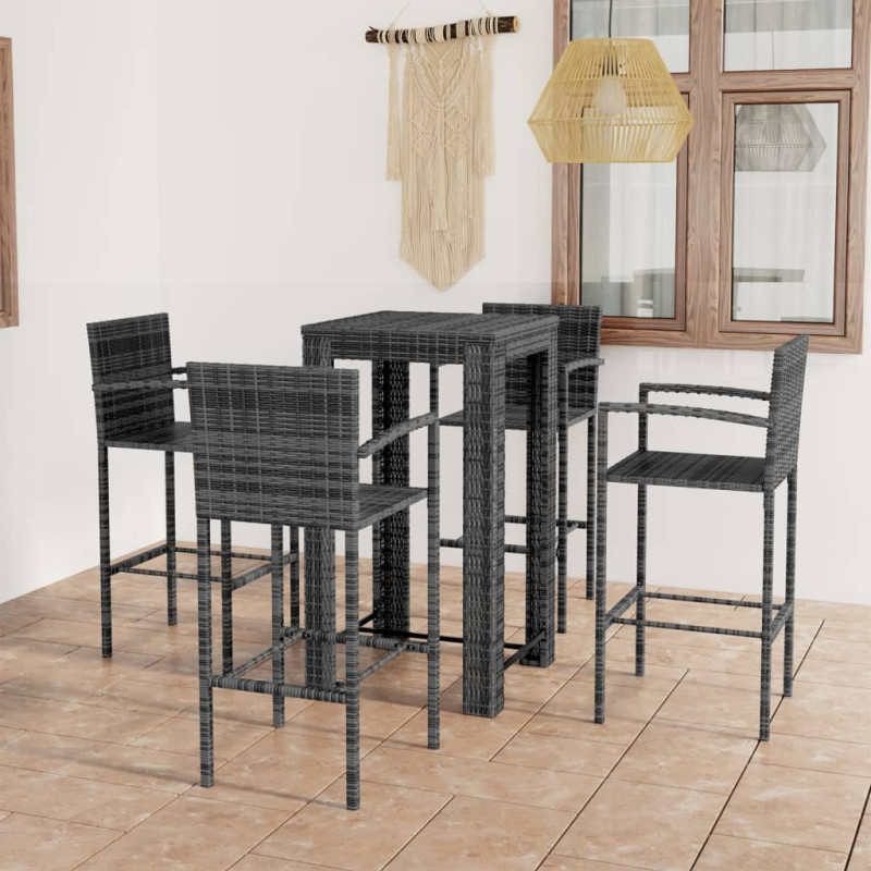 5-cz. zestaw mebli barowych z podłokietnikami, rattan PE, szary