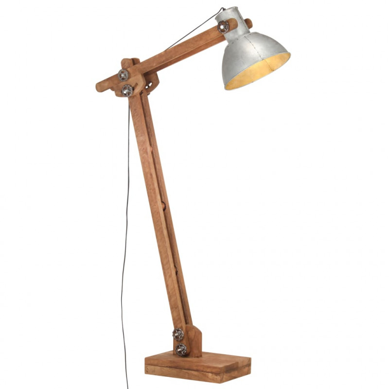Lampa podłogowa, srebrna, E27, lite drewno mango
