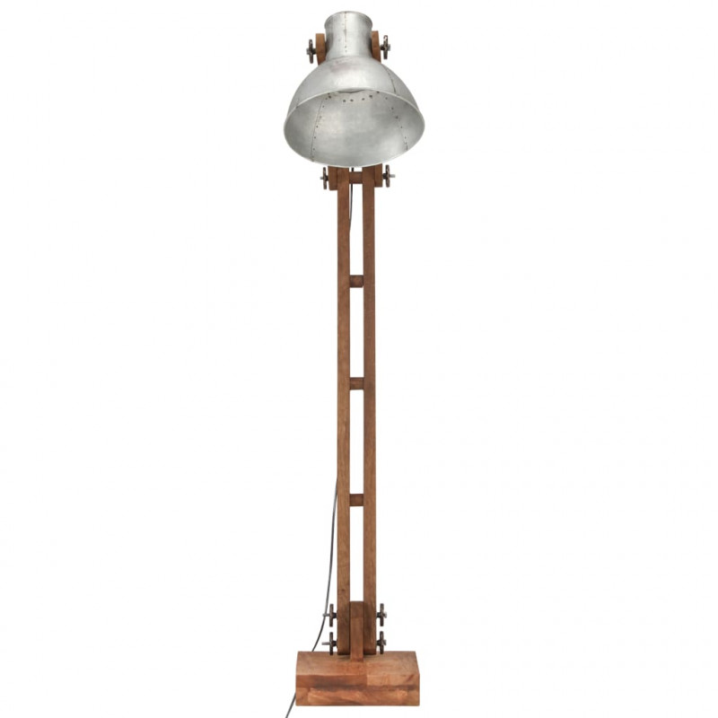 Lampa podłogowa, srebrna, E27, lite drewno mango