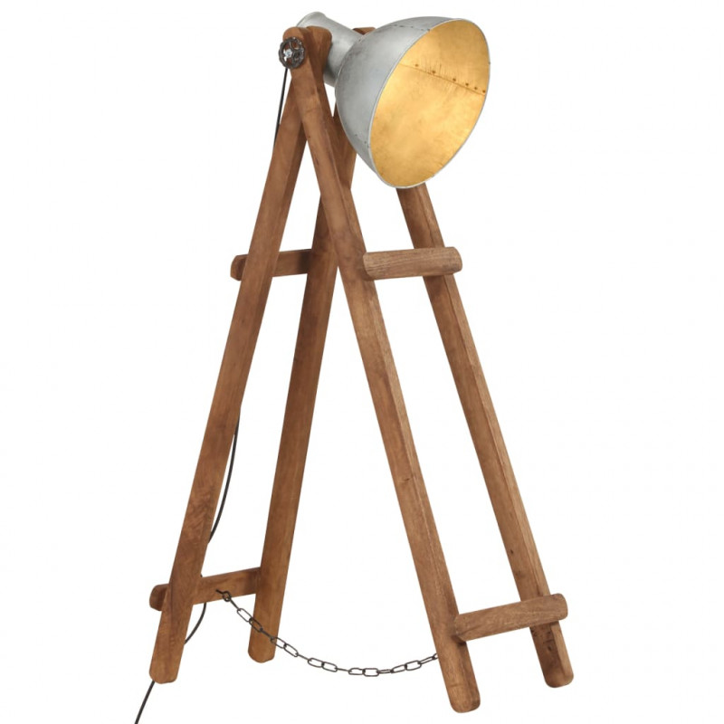Lampa podłogowa, srebrna, E27, lite drewno mango