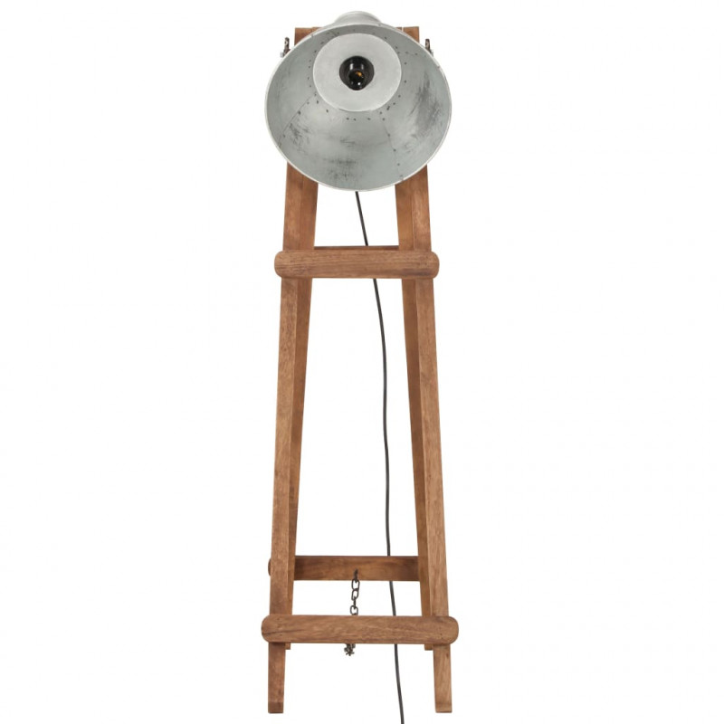 Lampa podłogowa, srebrna, E27, lite drewno mango