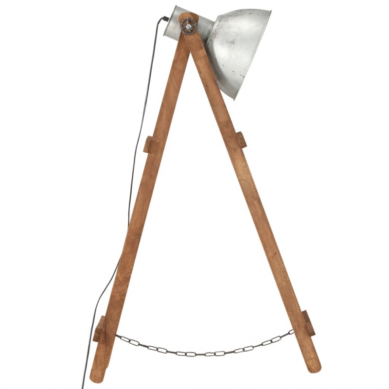 Lampa podłogowa, srebrna, E27, lite drewno mango
