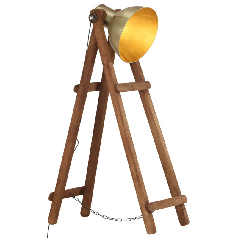 Lampa podłogowa, kolor mosiądzu, E27, lite drewno mango